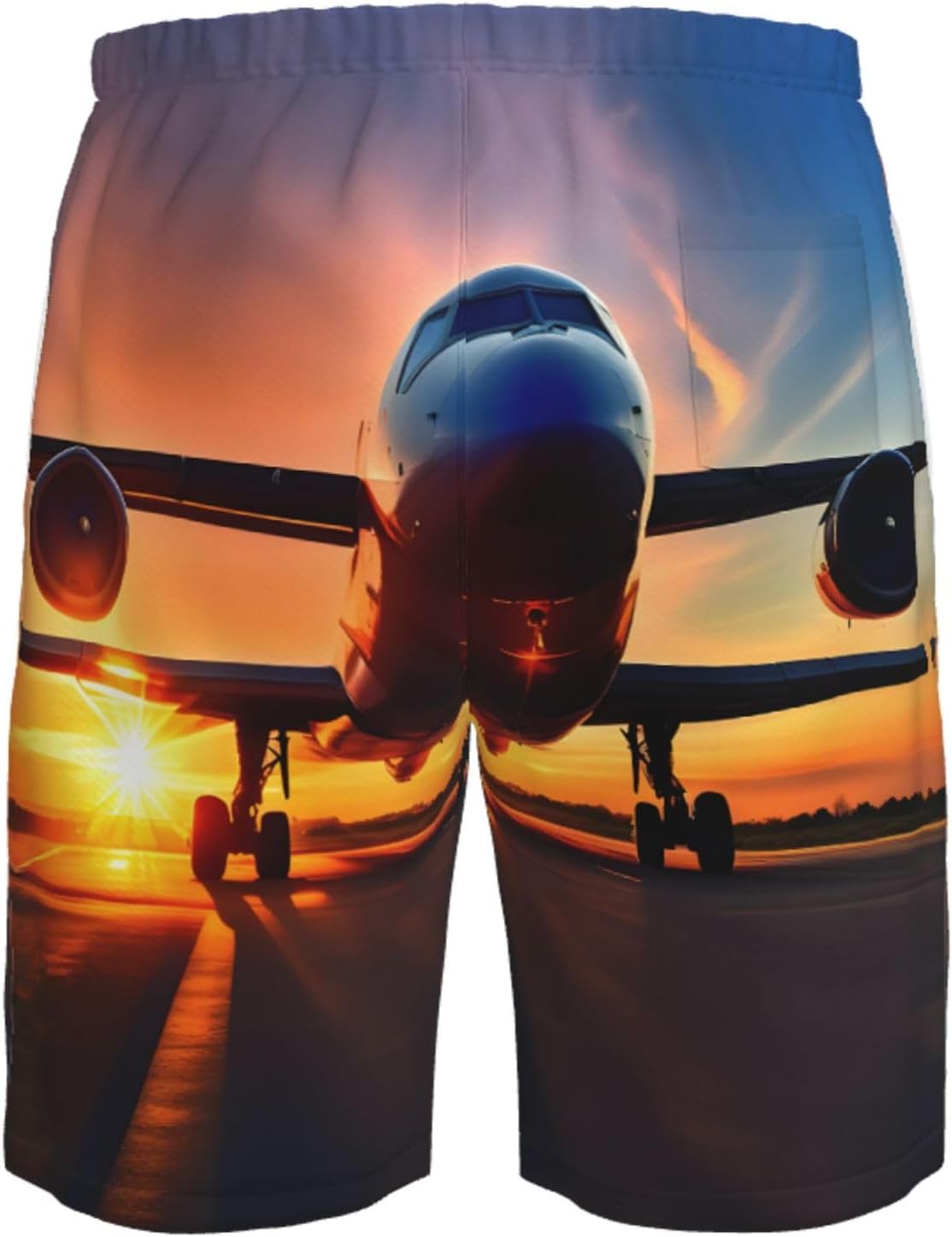 Airplane Sunset Sky Print Mens Casual Shorts Drawstring Summer Beach Stretch Shorts Novelty Swimtrunks