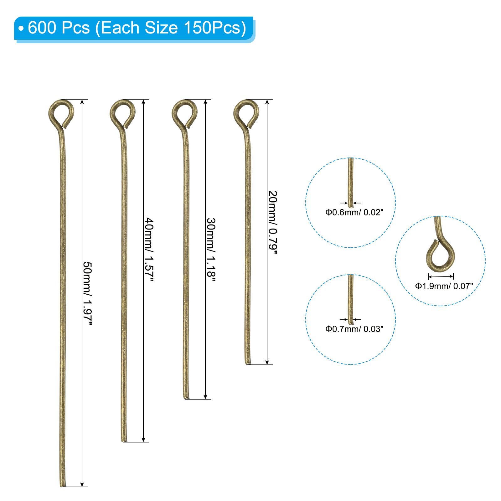 PATIKIL Bronze 600Pcs Metal Eye Pins, 20mm/30mm/40mm/50mm Open Eye Pins for Jewelry Making Findings - Image 2