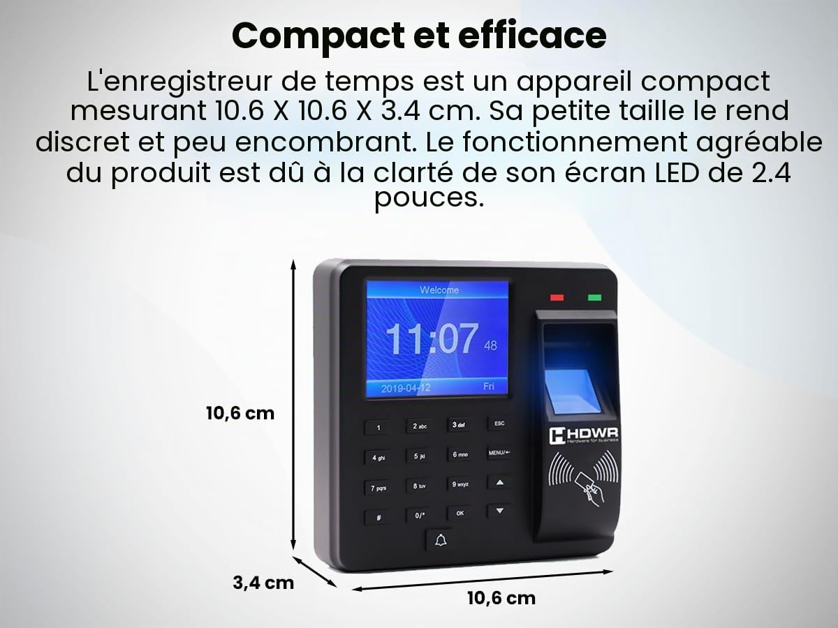 HDWR CTR10 Pointeuse horaire personnel, badgeuse biométrique RFID | Pointeuse empreinte digitale, carte RFID et mot de passe, jusqu'à 1000 employés, sans abonnement