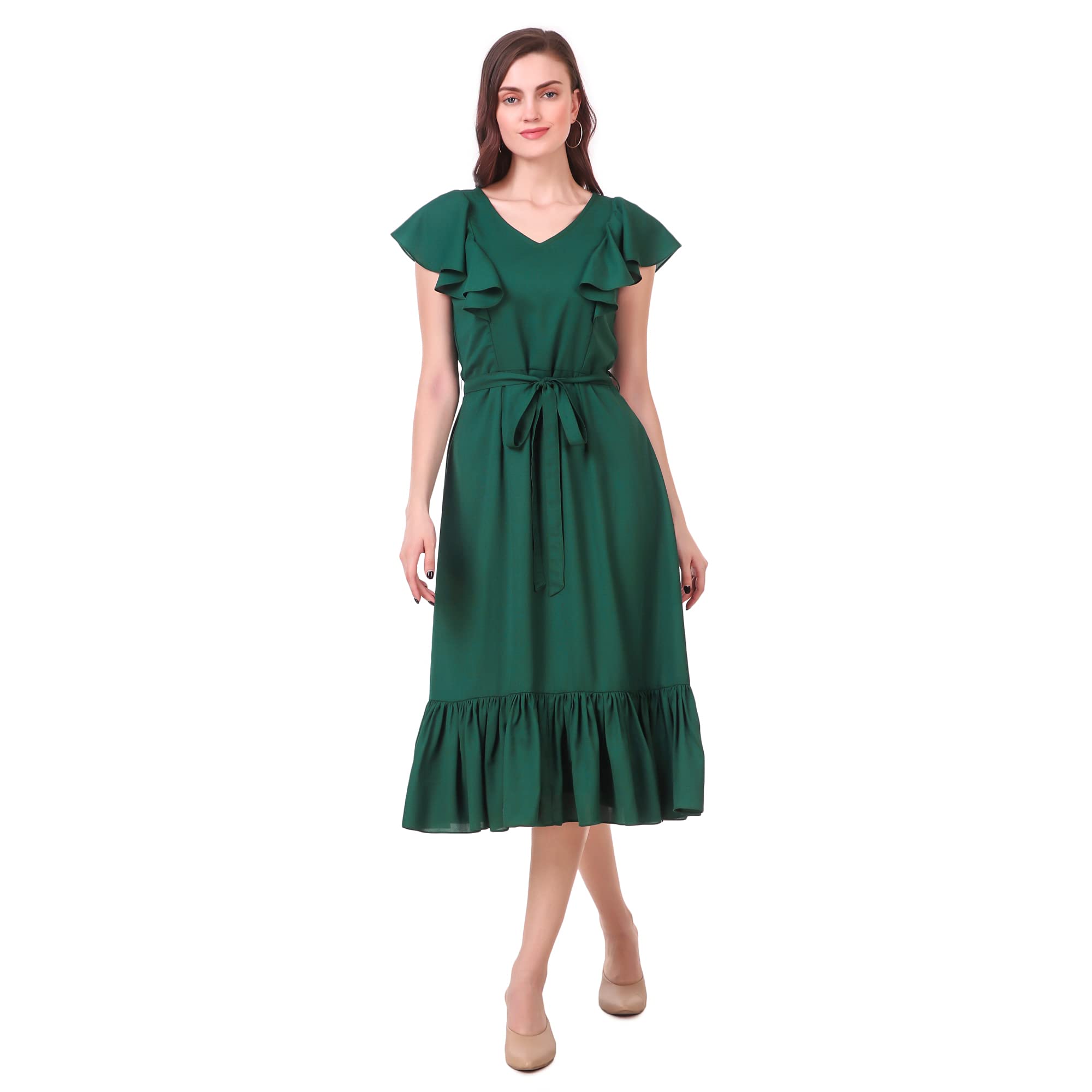 FG FEMI GLARE Solid Green Frill Midi Dress
