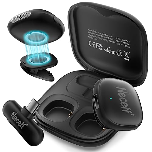 Neceff Echo Air2 Wireless Lavalier Microphone for iPhone, AI Noise-Canceling Mini Bluetooth Mic, 48kHz/24Bit Studio Sound, 32H Duration, Magnetic USB-C Mic for Vlogging, Recording, Streaming, Podcast