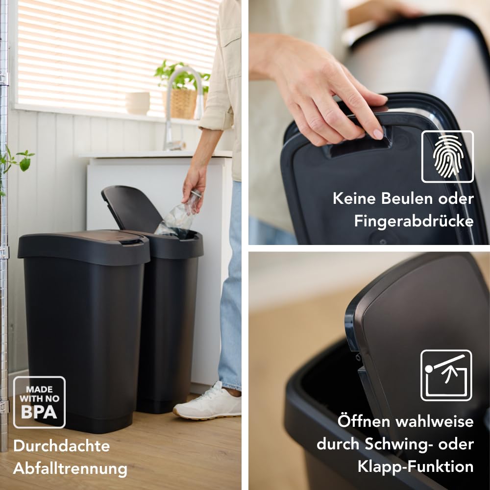 Rotho Twist 3er-Set Mülleimer mit Deckel 10l, 25l & 50l | Ideales Einsteigerset Küche, Bad | mit Schwingdeckel und Klappdeckel | schmal & platzsparend | leicht zu reinigen | schwarz/silber