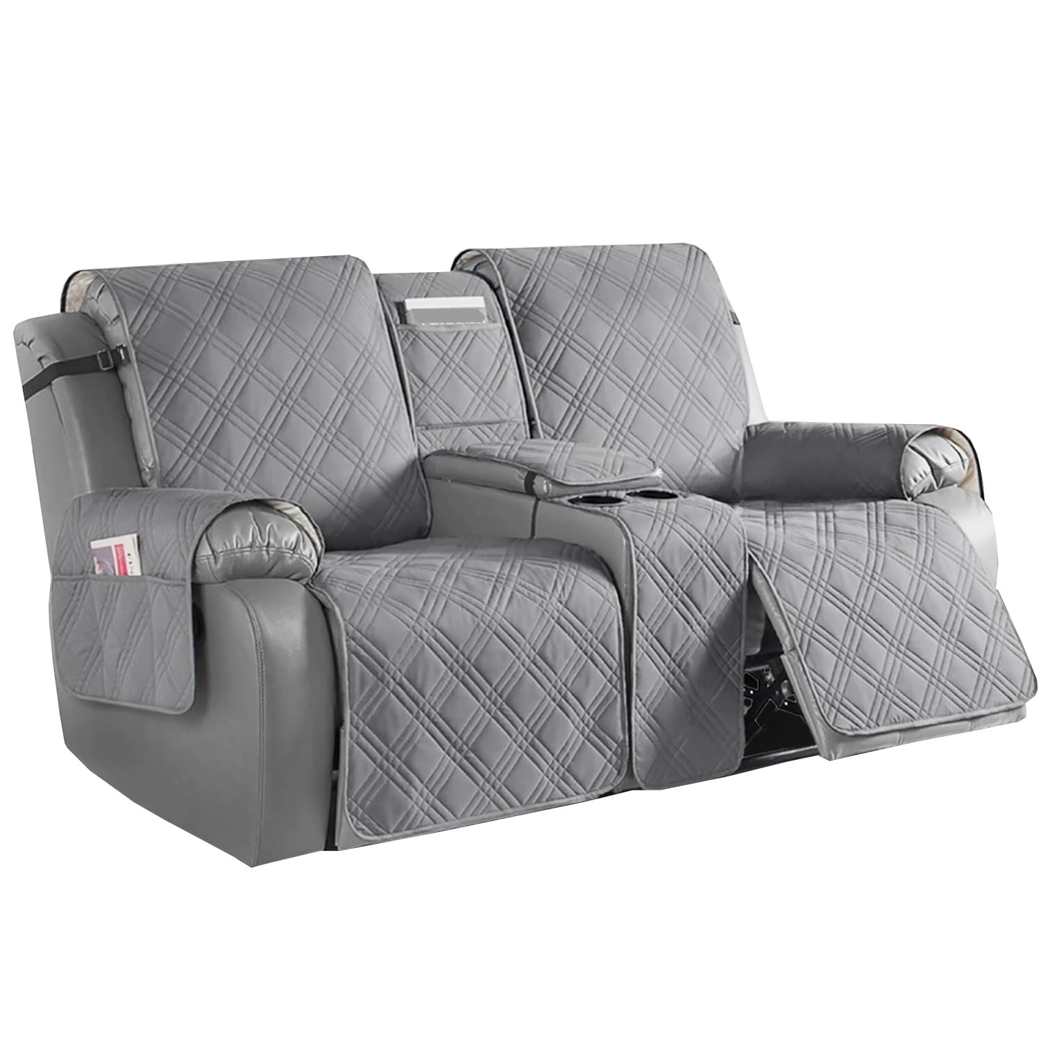 JORTUIO 2 Seater Loveseat Recliner Cover with Center Console, Waterproof Pet Cover for Dual Recliner with Straps Design, Split Reclining Loveseat Covers Furniture Pet Protector(Light Grey)