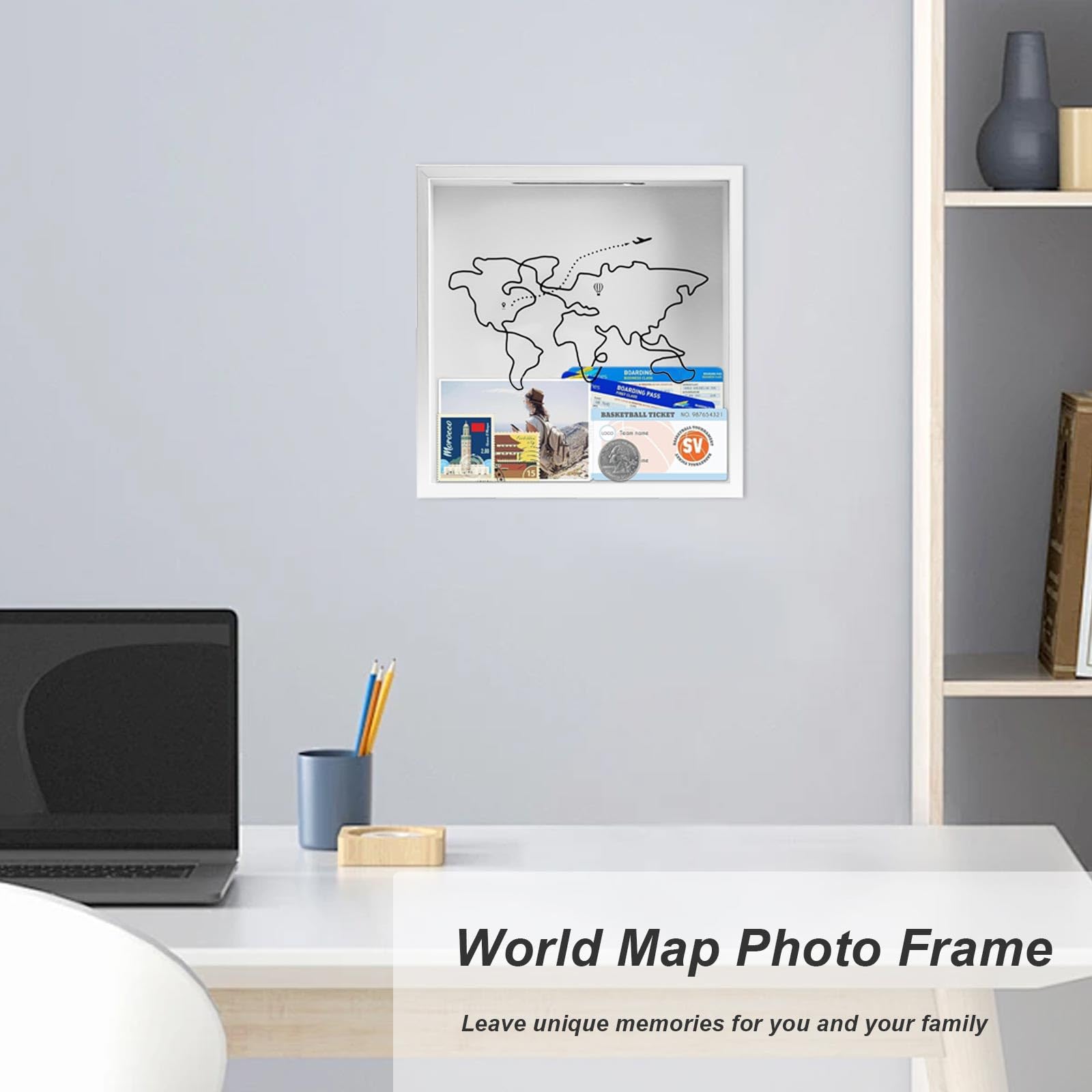 3D Scatola Ricordi Viaggio, 29 x 29 cm Scatola di Ombra del Biglietto, Quadrato Scatola dei Ricordi, Mappa del Mondo Adventure Archive Box, per Biglietti, Foto, Cartoline