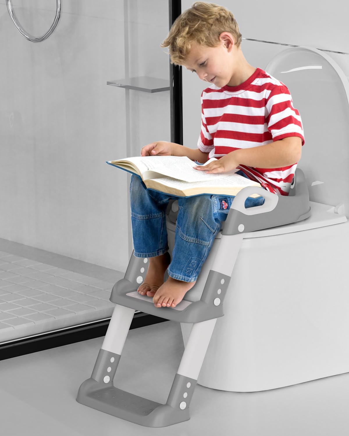 Reducteur Toilette Enfant, Réducteur WC avec Marches, Rehausseur Toilette Enfant avec PU-Coussin, Hauteur Réglable et Pliable, Antidérapante Adaptateur Toilette Enfant
