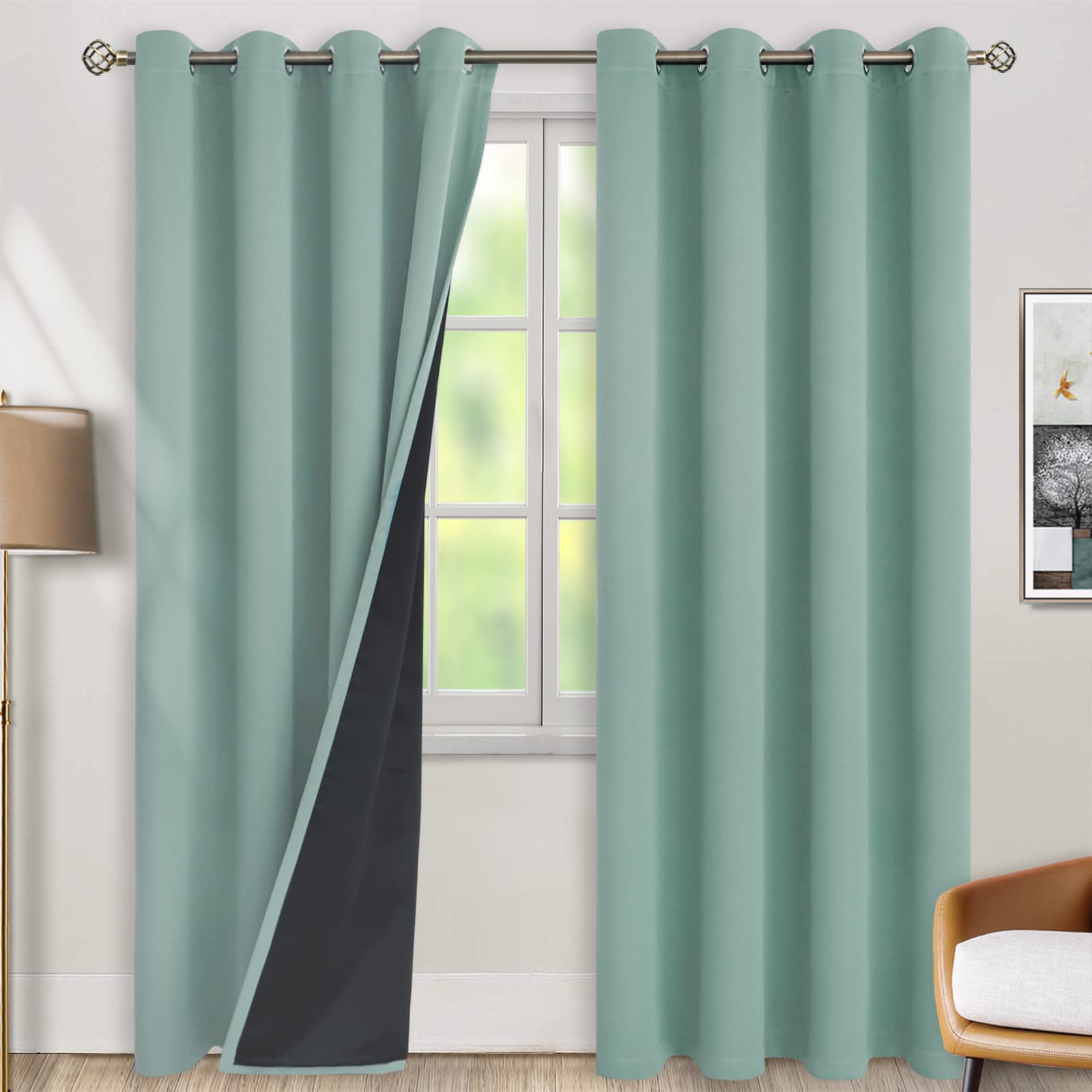 BGment Thermal Insulated 100% Blackout Curtains for Bedroom with Black Liner, Double Layer Full Room Darkening Noise Reducing Grommet Curtain (52 x 90 Inch, Frosty Green, 2 Panels) — image 1