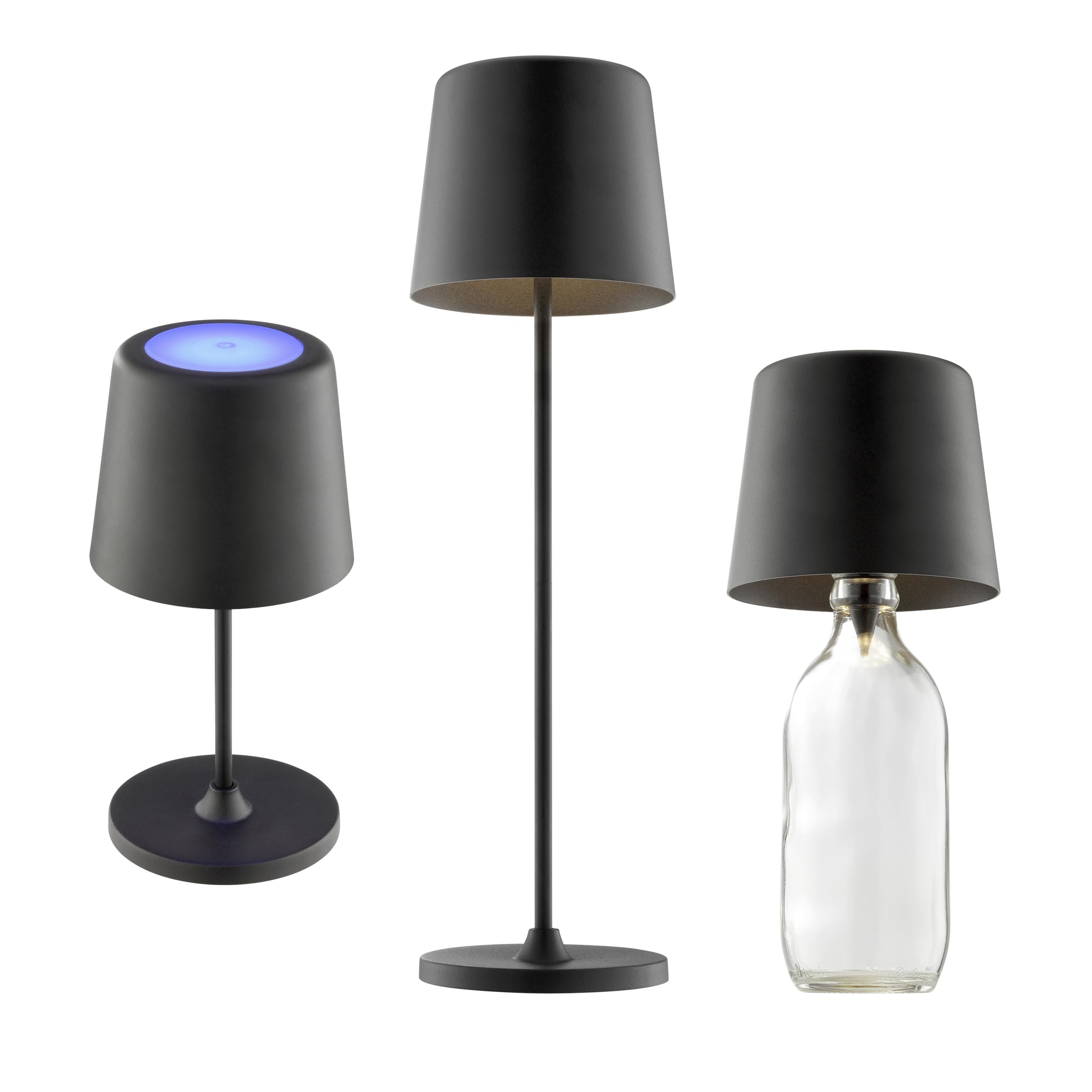 Lightbox LED-Akku-Tischleuchte für Außen, 300 lm, 3000 K, RGB, dimmbar, Höhe bis 37 cm, zwei Aufbauhöhen, mit Flaschenhals-Adapter, Flaschenlampe, LED integriert, mobile Nutzung, Metall, Schwarz