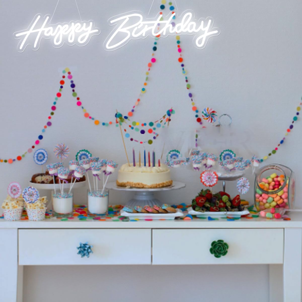 Cartello luminoso a neon bianco da 4 piedi "Happy Birthday", cartello luminoso a LED dimmerabile da appendere per la decorazione dello sfondo della festa di compleanno (Bianco, 76 cm "Happy Birthday")
