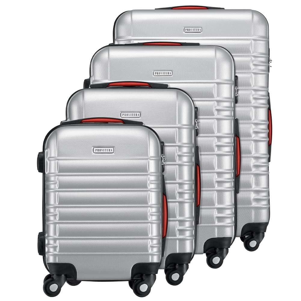 Set 4 Valigie Rigide in ABS, Valigia Rigida S-M-L-XL con Manico Telescopico Gel e 4 Ruote Easy Roll, Trolley Resistente e Leggero da Viaggio, Bagaglio a Mano con Serratura Codice (Silver)