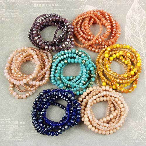 RIAH FASHION Bohemian Multi-Layer Beaded Stacking Statement Bracelets - Versatile Stretch Strand Sparkly Crystal Beads Wrap Slip-on Cuff Bangle Set4