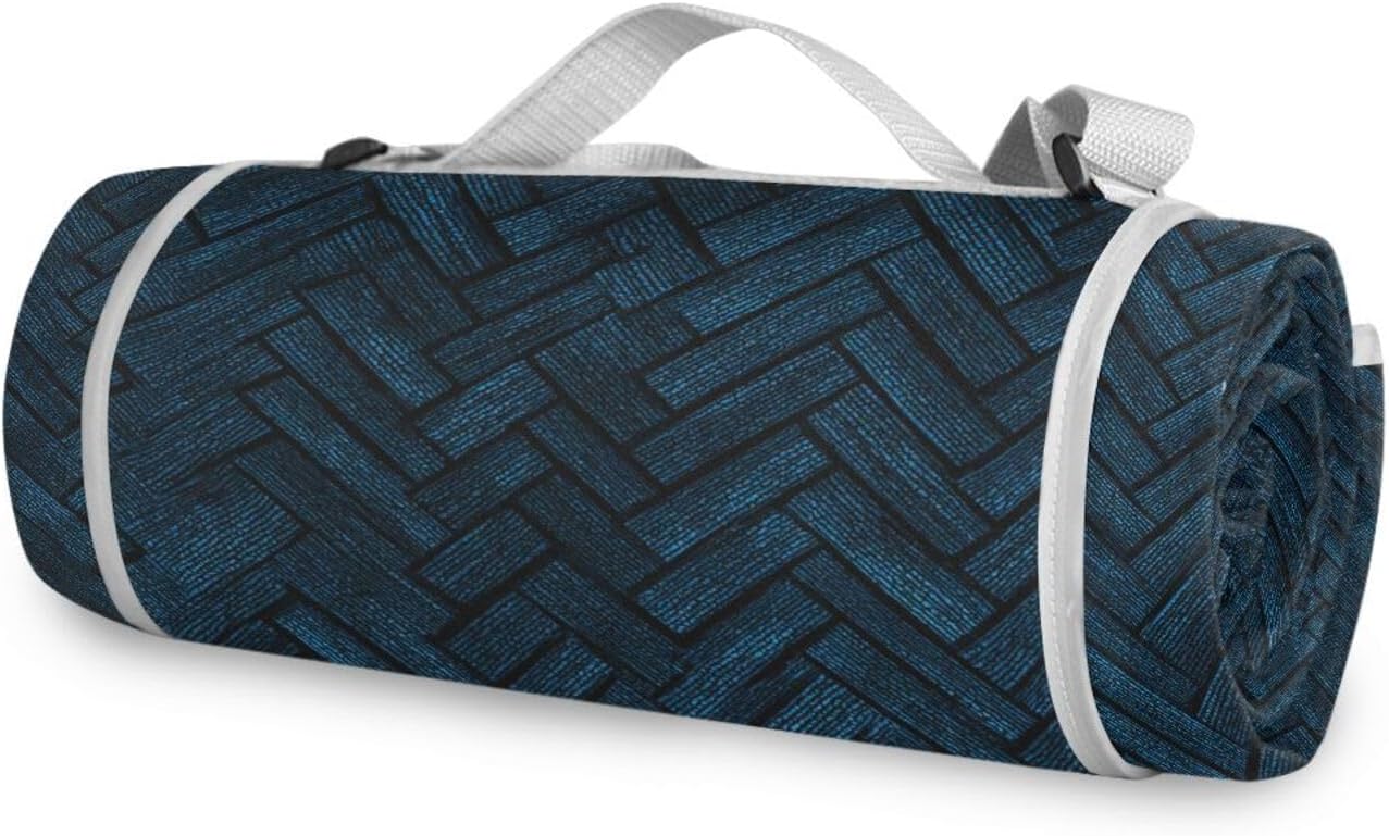 Round Picnic Essentials - Fits 2 Adults, Summer Accessories Water-Resistant Outside Blankets for Grass Dual Layer, Sand-Free, Soft Throw Rug 58 in (Dark Blue Herringbones)