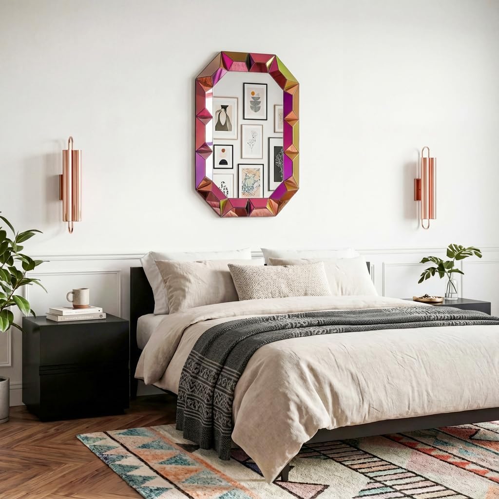 SHYFOY Modern Wall Mirror, 39" Decorative Accent Wall Mirror with Neon Finish, Geometric Iridescent Mirror for Bedroom, Entryway, or Living Room