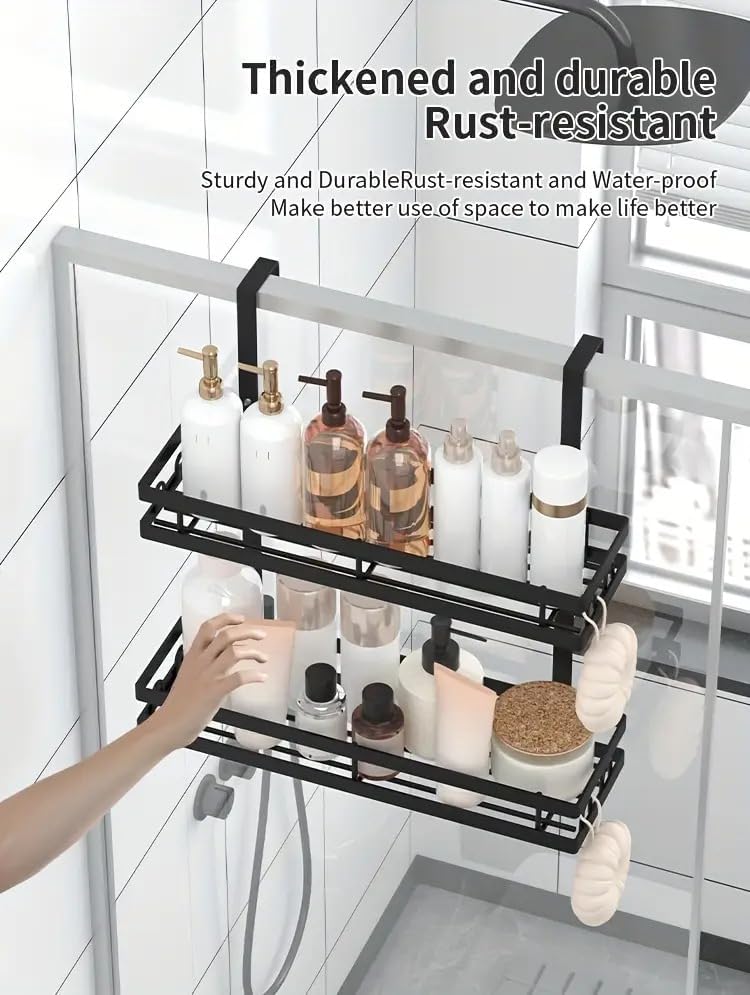 Miniatura 4 de Estante de almacenamiento de baño de 2 niveles, organizador de ducha de metal negro mate sobre la puerta, 15.75 x 4.72 pulgadas, a prueba de óxido,