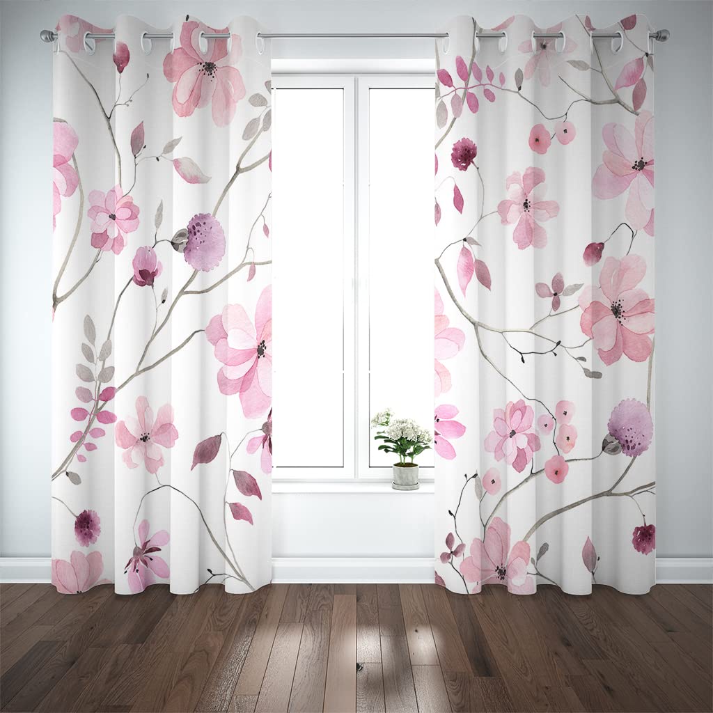 Tende Oscuranti a Occhielli Botanico Verde Tende per Camera da Letto e Soggiorno Tende Termoisolanti e Insonorizzate (Bianco Rosa,140L x 175A cm (2 Pannelli))
