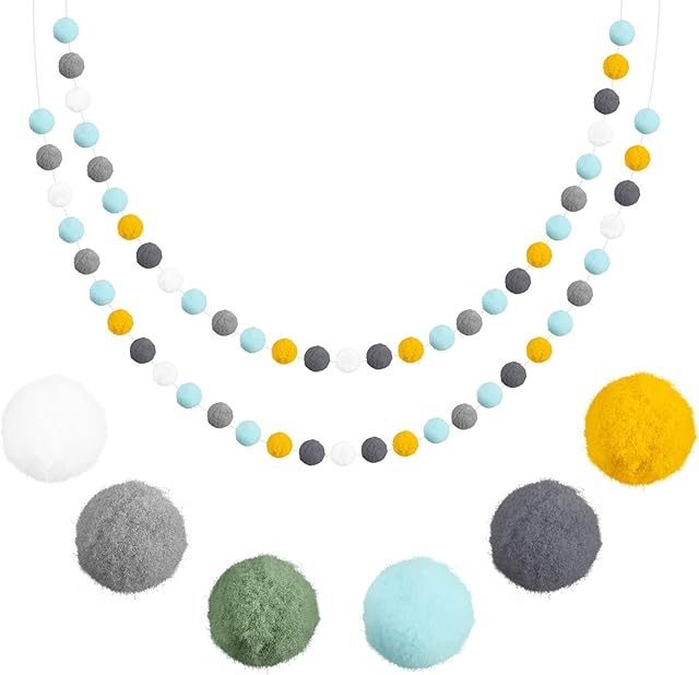 Fowecelt Pompom Felt Balls Garland - 2pcs Pom Pom Garland with Colored Ball, Wool Felt Ball Bunting for Bedroom, Pastel Ball Garland for Wall Hanging Ornament Birthday Wedding Decoration