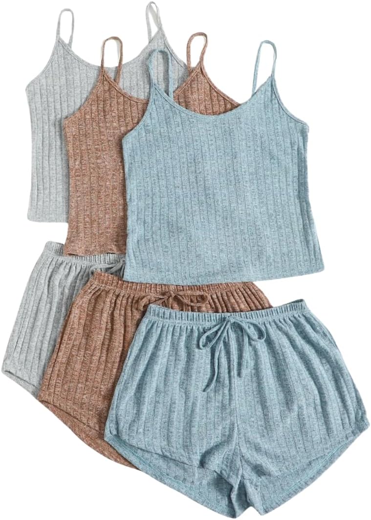 SheIn Women's 3 Sets Rib Knit Lounge Set Crop Cami Top and Tie Front Shorts Sleepwear Pajama Set Multicoloured X-Large