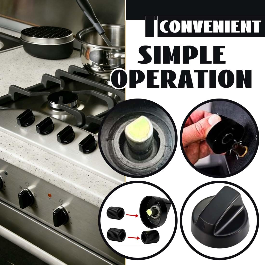 LACHT Pack 2 Manija Perillas Mando Universal Para Horno, Perilla Placa De Vitrocerámica, Perillas De Cocina, Manija Cocina De Gas, Incluye 3 Adaptadores, 4 Cm Diámetro (Negro) — view 5