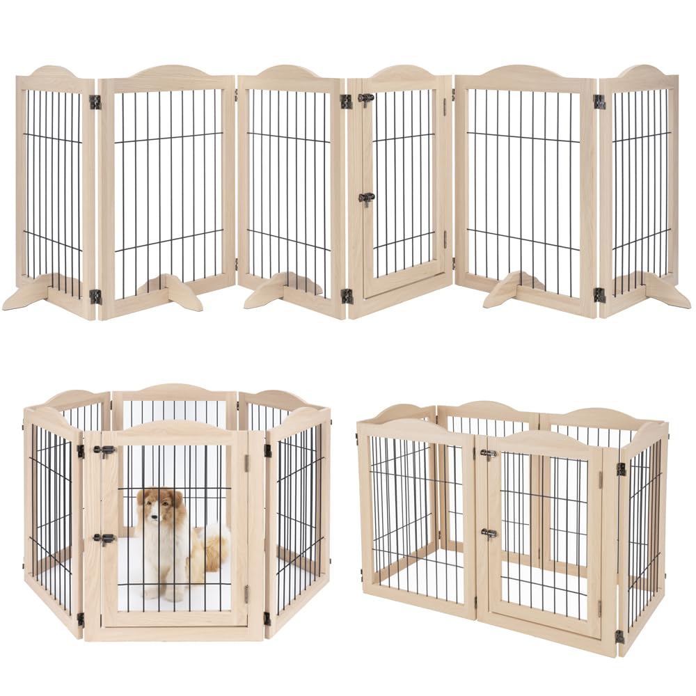 unipaws 132" extra wide dog gate and pet playpen, free standing tall dog fence with walk through door, dog barriers for home, use as indoor dogs cats pen, rabbit pen, baby gate, nature