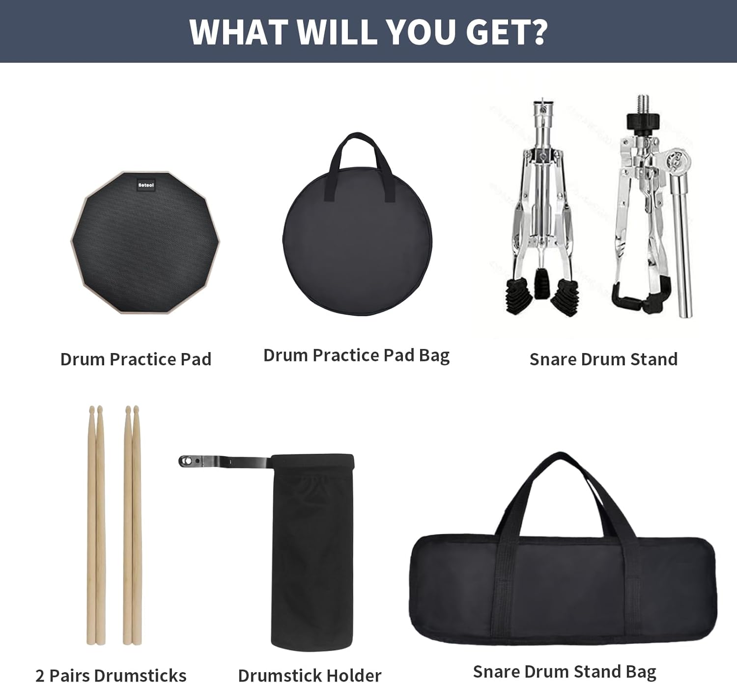 Drum Practice Pad Set, 12 Inch Double Sided Silent Drum Pad with Storage Bag + Adjustable Snare Drum Stand with Carry Bag + 2 Pair Drum Sticks with Drumstick Holder, Fits 10"-14" Drums (Black)
