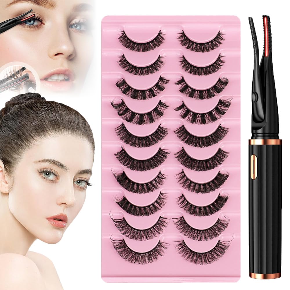 Rizador De Pestañas Eléctrico Con Calefacción + Pestañas Rusas Postizas D Curl 3D(6-18mm), 10 Pares Pestañas Postizas Naturales Fluffy, Rizador Pestañas Eléctrico Portátil,F