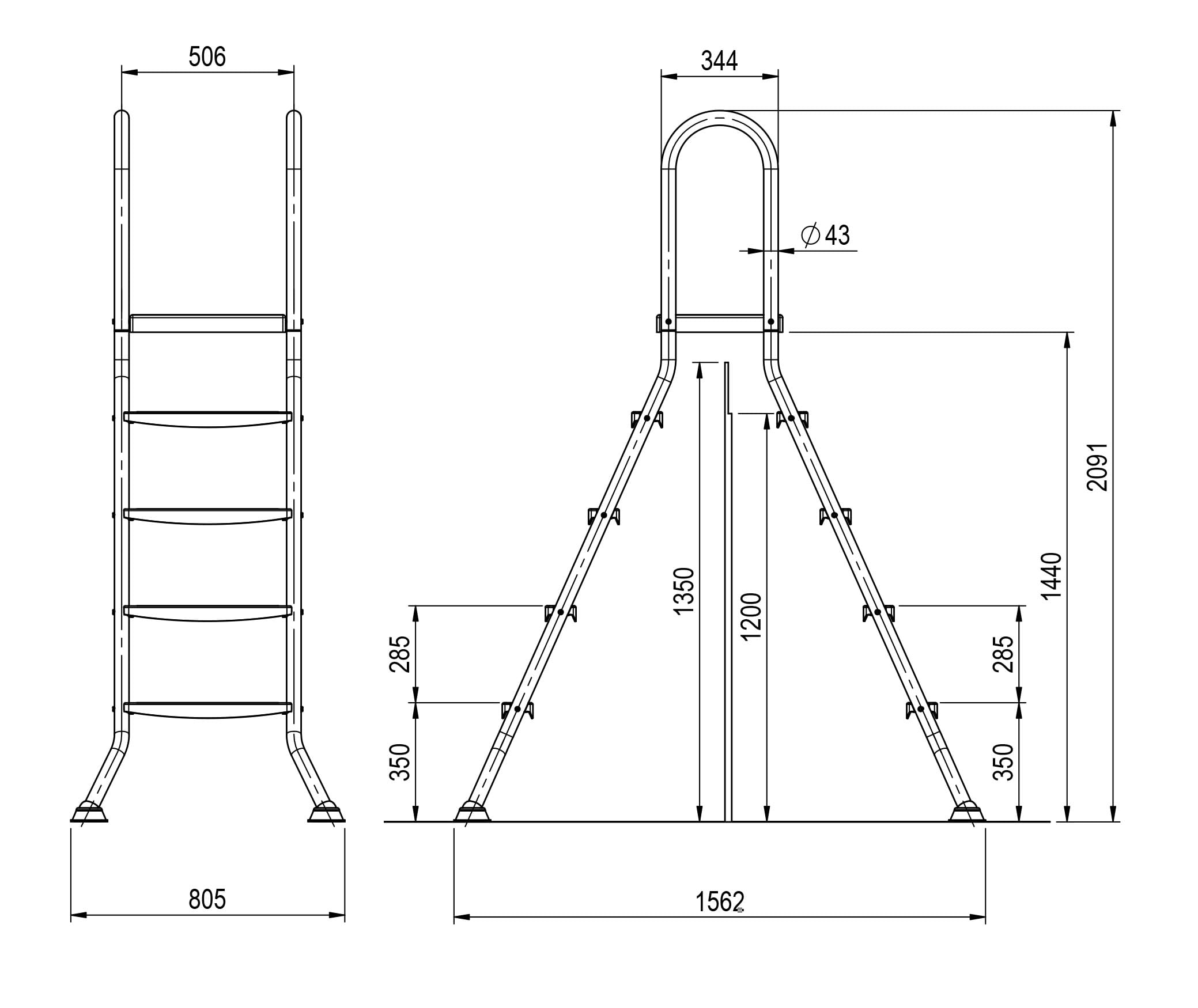 Steinbach Aufstellbeckenleiter Edelstahl, 4 + 4 Stufen, für Beckenhöhe 120 cm und 135 cm, Holm Ø 43 mm, 018025