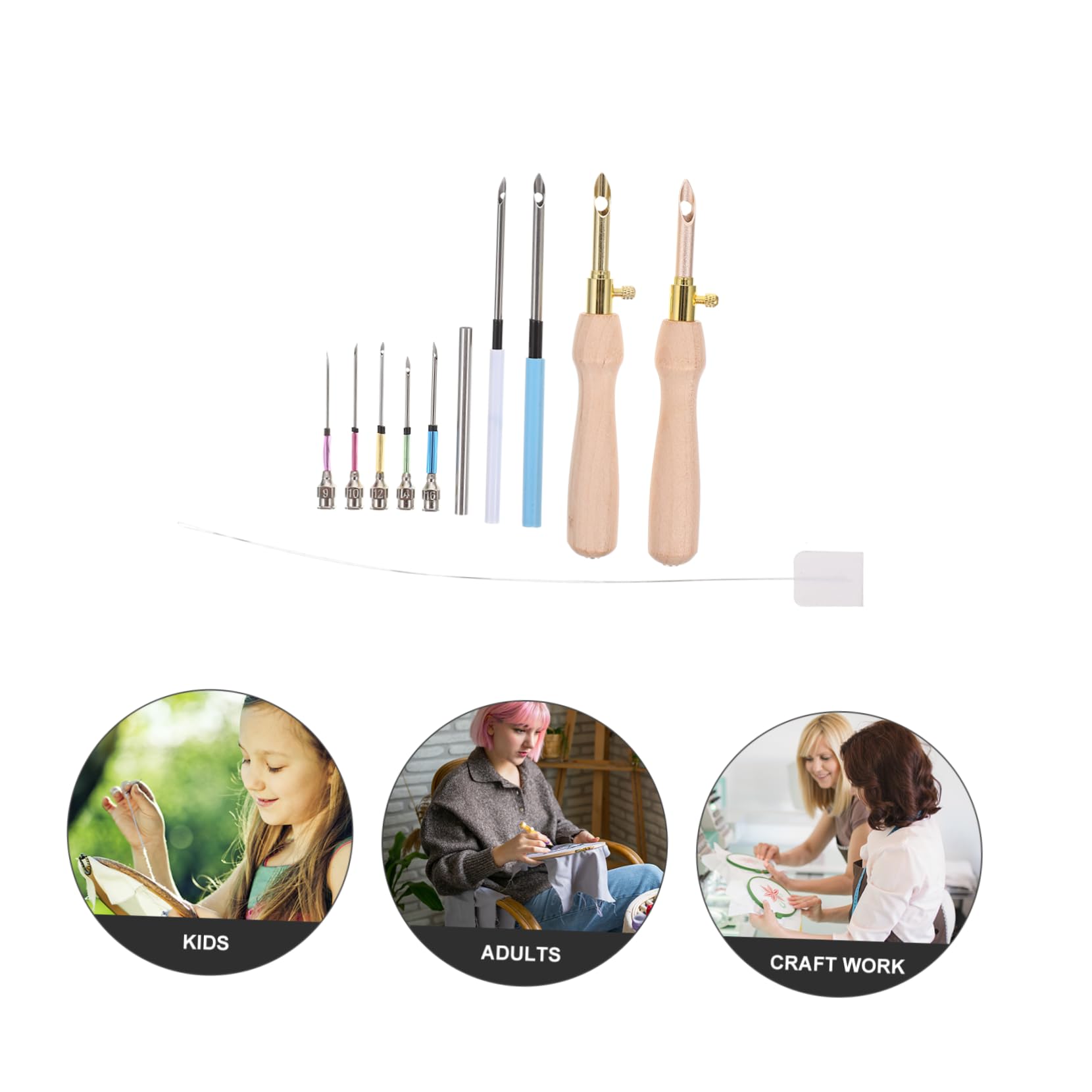 NUOBESTY 4sets Aghi da Ricamo Punzone con Manico Legno Kit Completo per e Ricamo Creativo Strumenti Versatili per Tessuti Cuscini e Decorazioni Domestiche