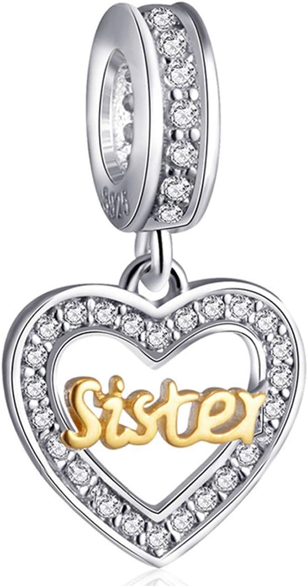 2 Tone Sister Love Heart Charms for Women - 925 Sterling Silver Big/Little Sis Pendant Goddess Beads - fits Pandora Mothers Day Bracelet, Gifts for Birthday/Christmas/Sister in Law