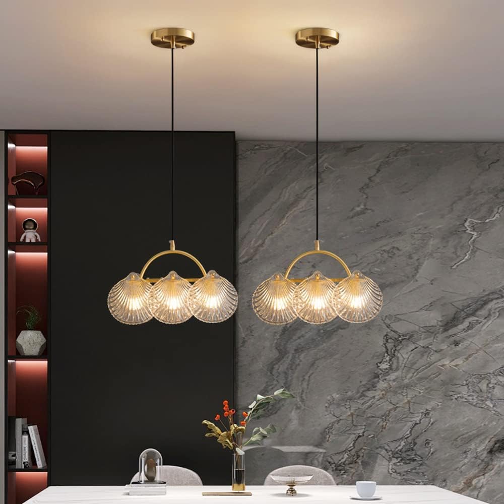 Lampadari a sospensione in rame antico Lampadario a conchiglia in vetro a coste Lampadario moderno a sospensione nordico Lampadario a isola lineare Lampadario costiero Boho per sala da pranzo Tavolo