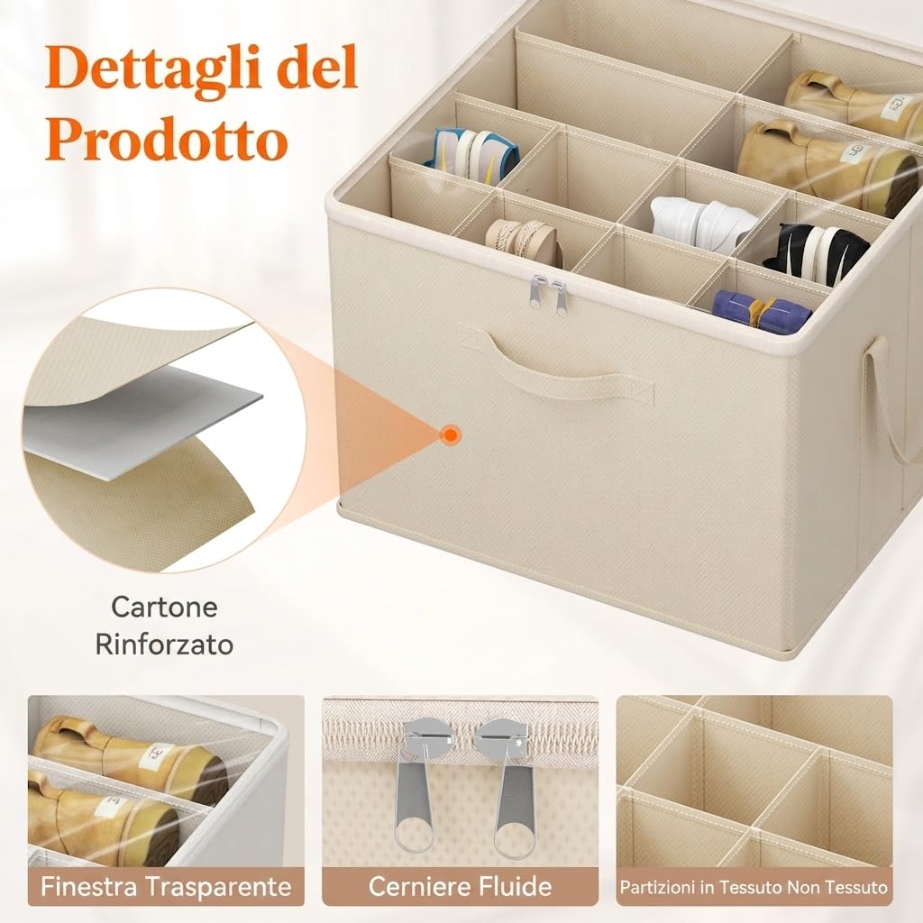 Lifewit Organizer Scarpe Armadio Pieghevole, Scatole per Scarpe Salvaspazio con Coperchio per 12-16 Paia, Shoes Organizer con Supporto Inferiore e Manici Rinforzati, Beige, Set di 2 per 24-32 Paia