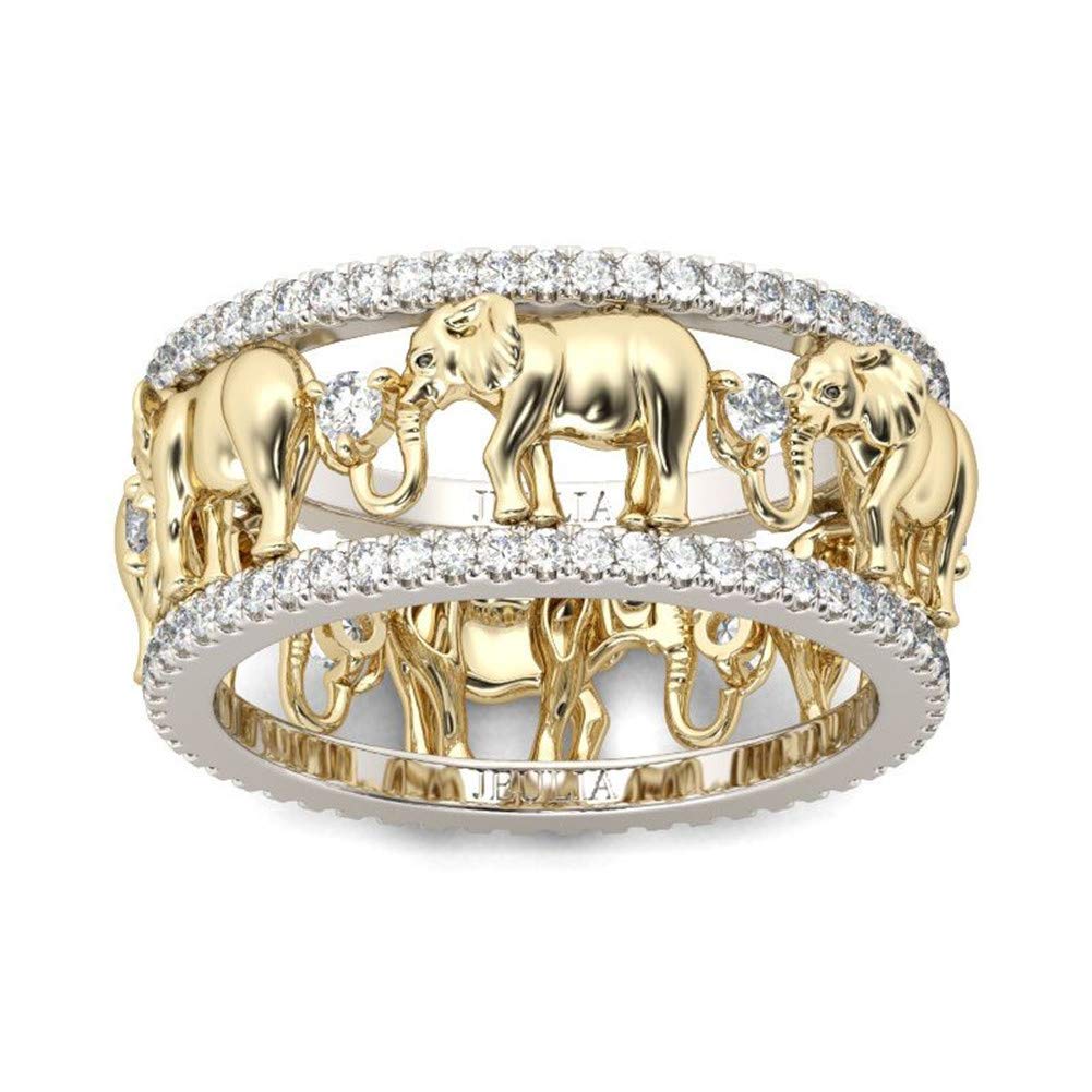 Jeulia Anillo de compromiso de 1,5 quilates con diseño de elefante, chapado en oro de 18 quilates, dos colores de corte redondo con circonitas cúbicas