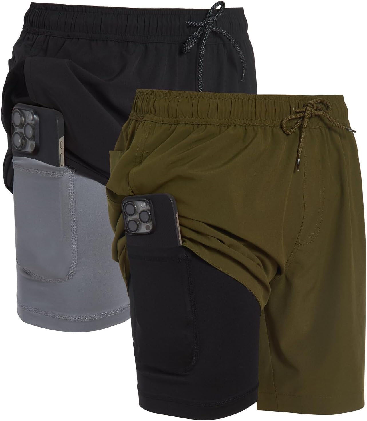 Dreamwave Mens 2 Pack Swim Trunks with Compression Liner Anti Chafing 7 inch Inseam Stretch Quick Dry Swim Shorts with Phone Pocket