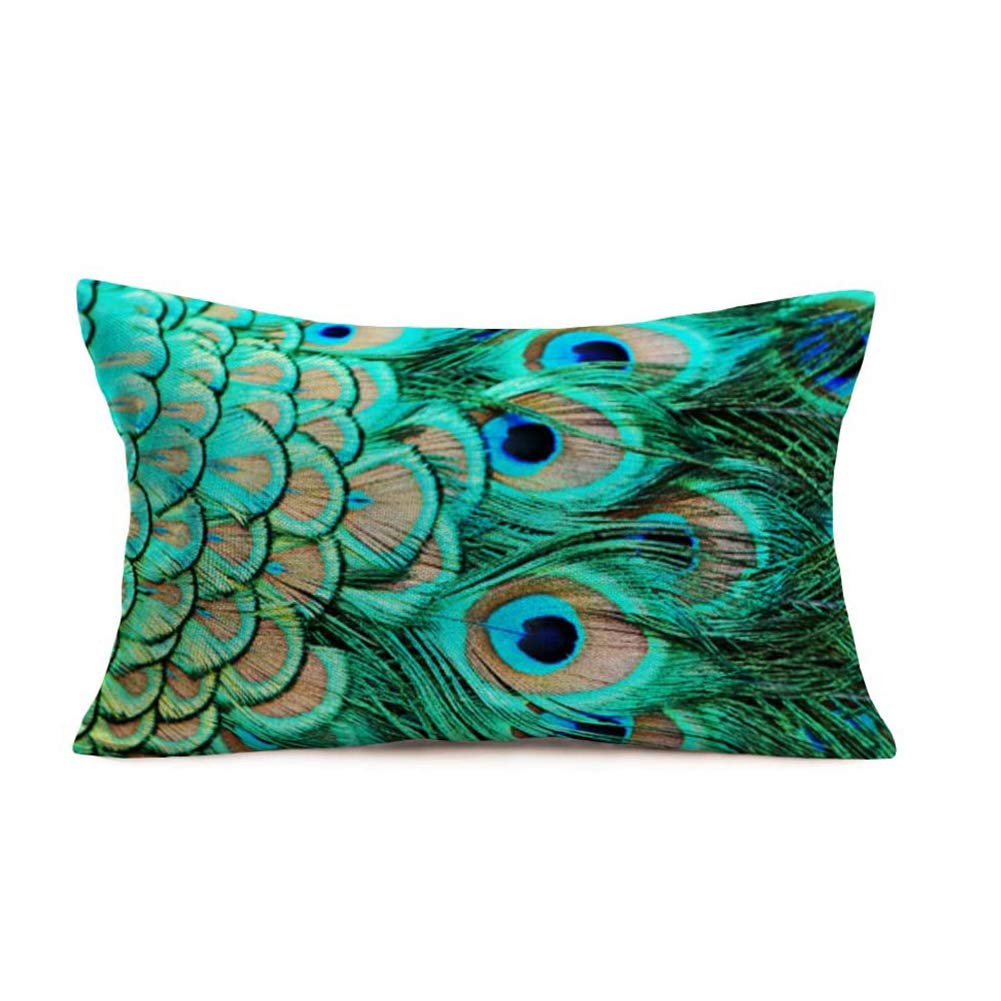 Colorful Peacock Feather Throw Pillow Case Cushion Cover Home Sofa Decor Toss Pillow Pillowcases Rectangle 12x20 Inch (VD-15)