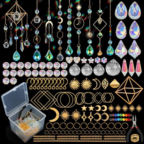 400 Stück Sonnenfänger Kristall Bastelset, DIY Sonnenfänger Kristall, Suncatcher Windspiel Basteln,Hängender Regenbogen mit Kristallketten Tropfen Prisma für Zuhause Büro Garten Outdoor Deko