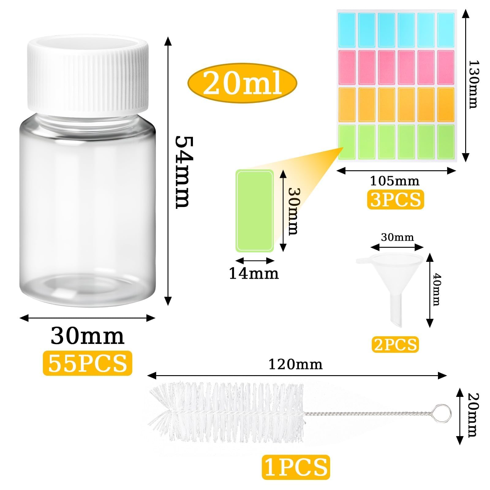 55 Pezzi Bottiglie Plastica 20 ml Bottigliette di Plastica Piccole Bottiglie Piccole Plastica con Tappo a Vite Bianco Bottigliette Trasparente con Adesivi per Viaggi Campeggio