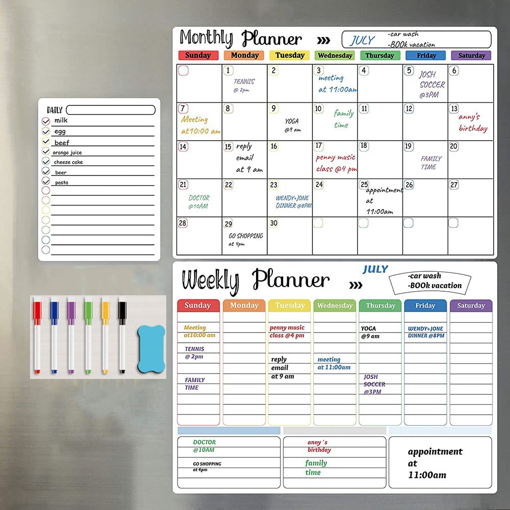 COOLBABY Magnetic Dry Erase Calendar Whiteboard for Refrigerator,3 Boards Included - Monthly, Weekly, Daily Calendar Whiteboard for Family Planner Kitchen Schedule Board,6 Markers 1 Eraser