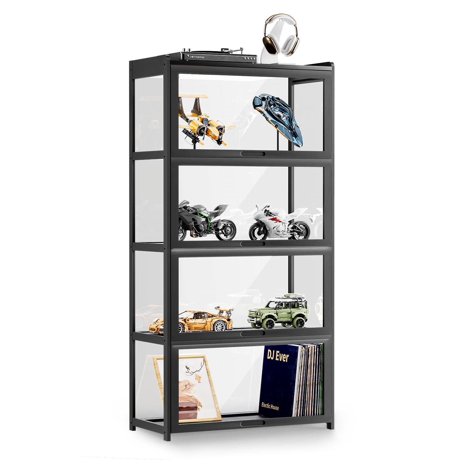 Photo 1 of 55" Curio Display Cabinet with Doors, 4-Tier Bamboo Showcase Storage Cabinet Shelf Collectibles Toy Display Case for Living Room, Black