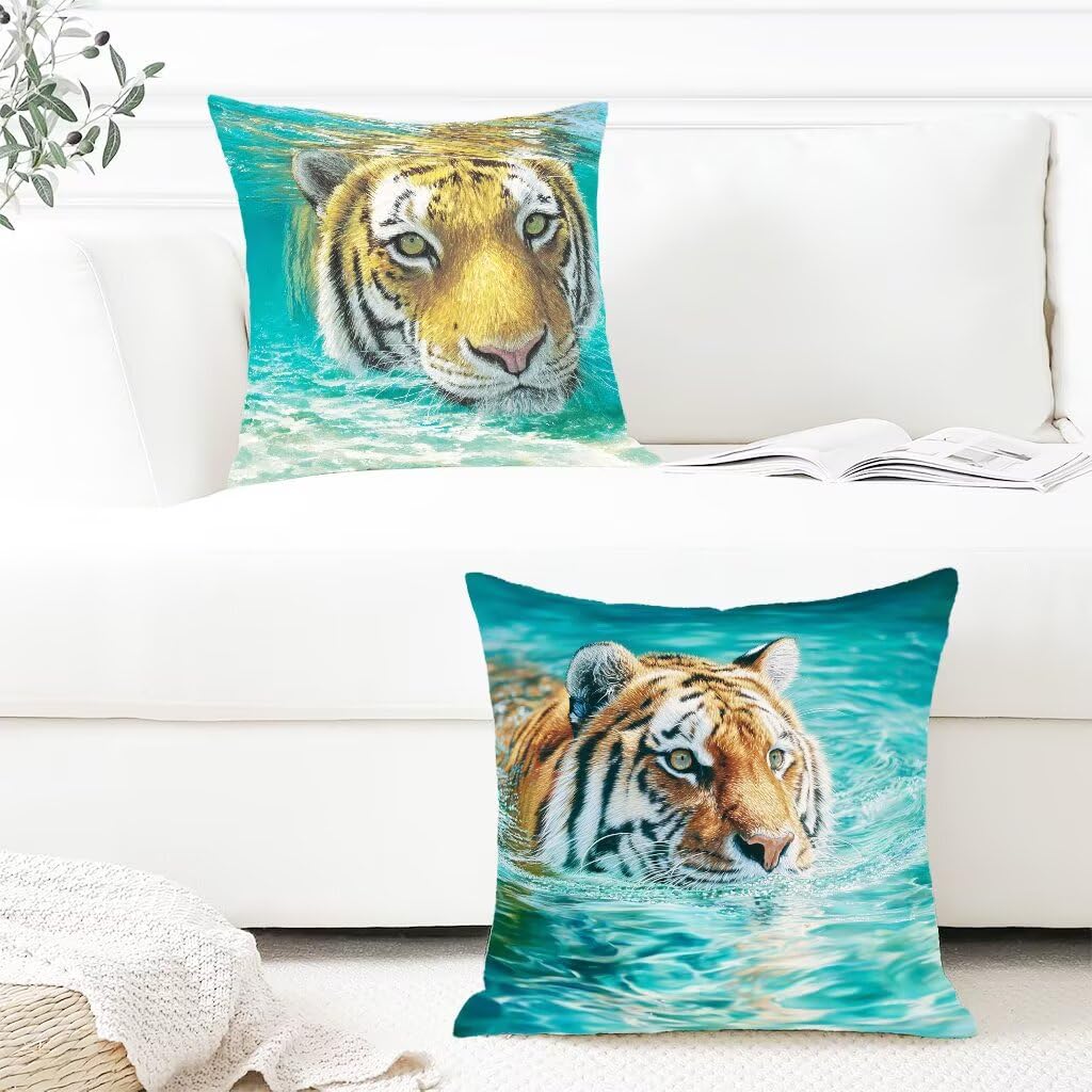 Kissenbezug 80x80 cm 2er Set See BlauKissenhüllen 80 x 80 Dekokissen Tiger Wasserfestem Leinen Beidseitiger Druck für Zierkissen Sofa Kissen Frühling Sommer Outdoor Heimdekoration Geschenke H-31275I