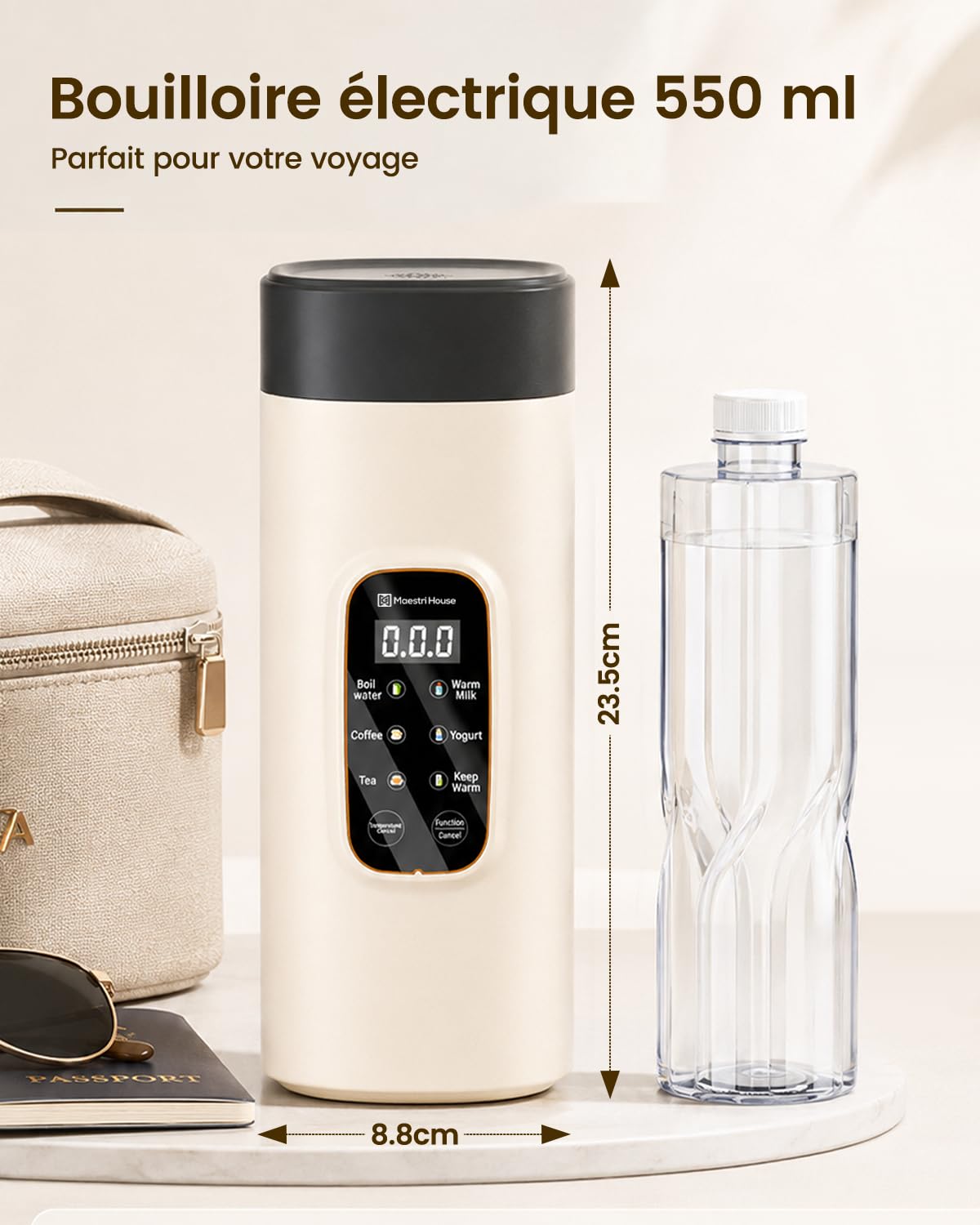 Maestri House Petite bouilloire de voyage 6 en 1, 550 ml, beige, chauffage rapide, doublure intérieure en acier inoxydable 304, pour thé, café et lait de bébé, utilisation filaire