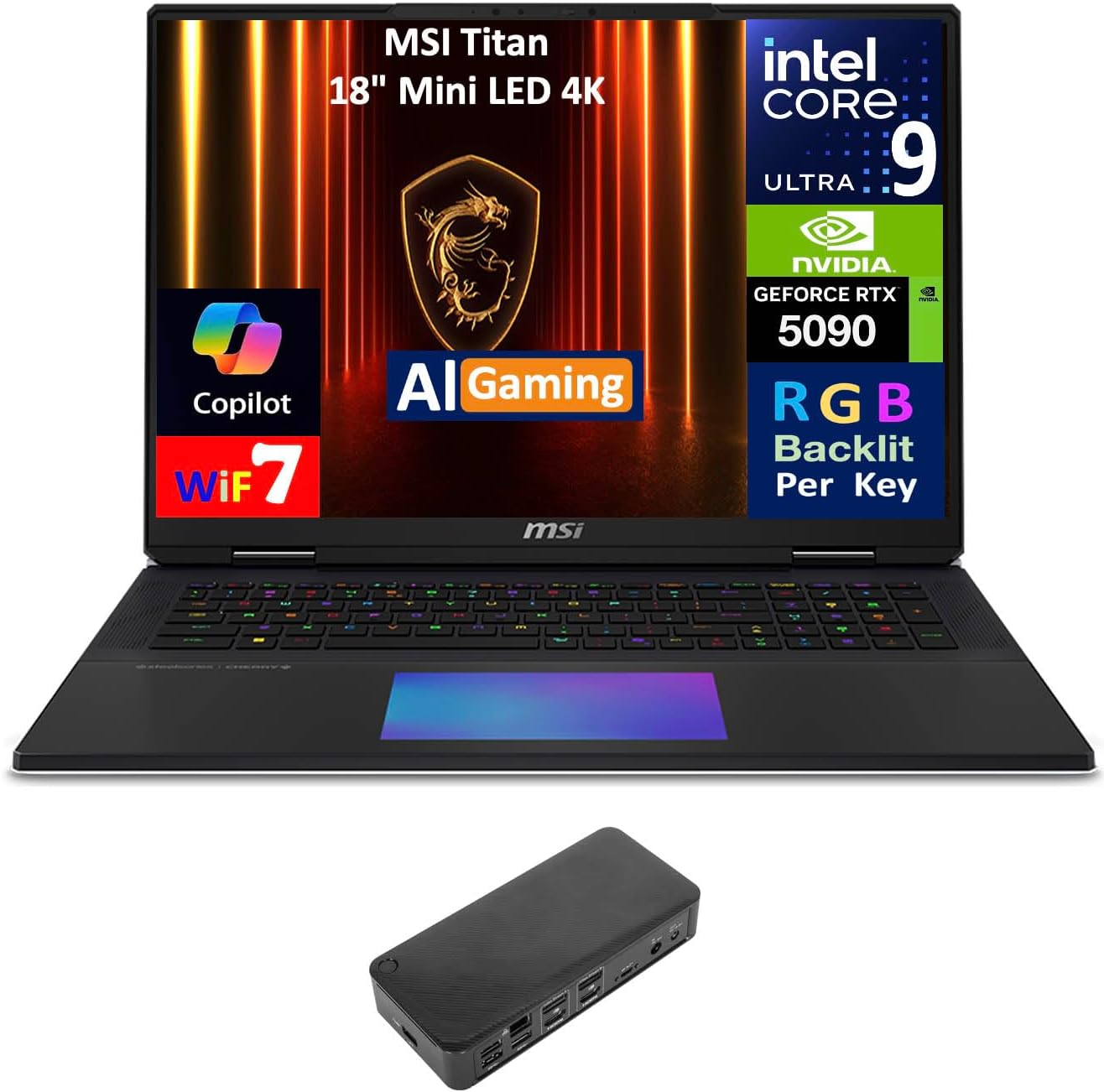 MSI Titan AI Gaming Laptop 18″ 120Hz Mini LED 4K Display (Intel Ultra 9-285HX, GeForce RTX 5090 24GB, 64GB DDR5, 2x8TB PCIe SSD (16TB), Per Key RGB KB, Win 11 Pro) w/USB-C Dock