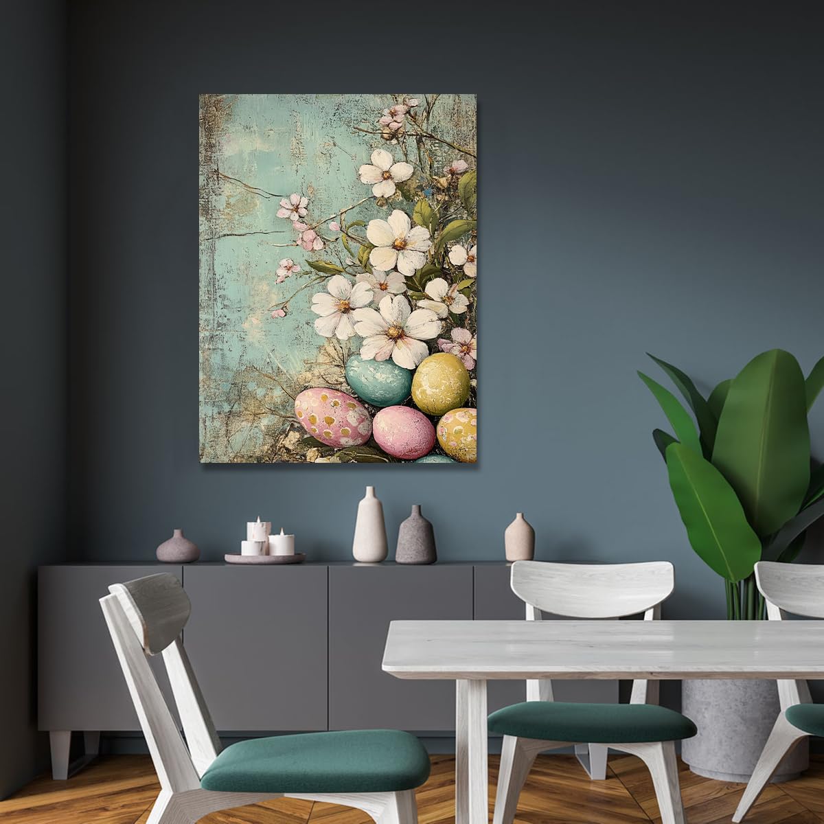 YUNART Duża dekoracja pisanek vintage kwiatowy botaniczny styl farmhouse płótno oprawione do łazienki 60 x 90 cm rama wewnętrzna