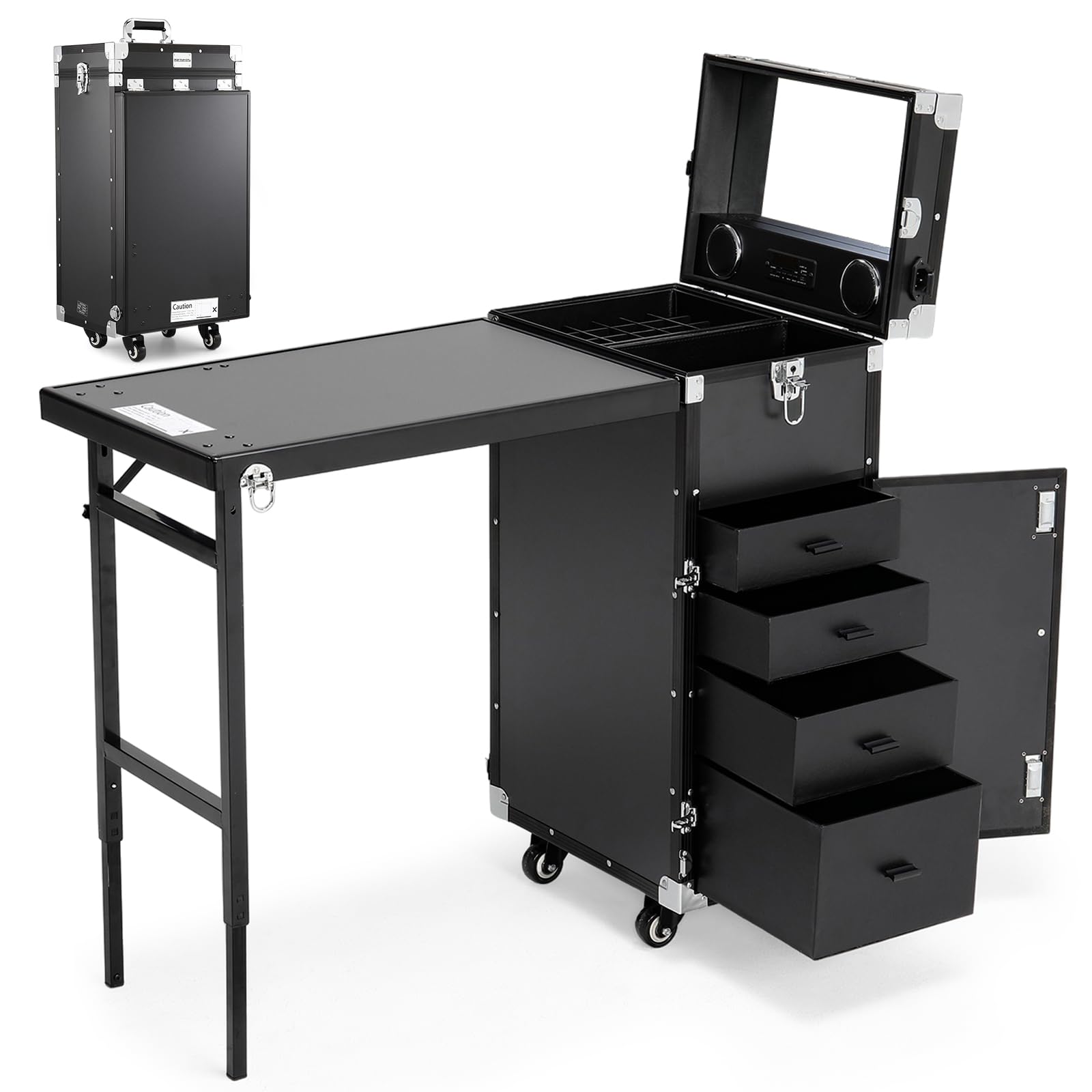 Warmiehomy Professional Manicure Table Nail Station, Portable Nail Desk, Mobile Makeup Trolley Case on Wheels, Nail Beauty Tech Station with Drawers/Mirror/Speaker Lock for Salon Travel Use, Black