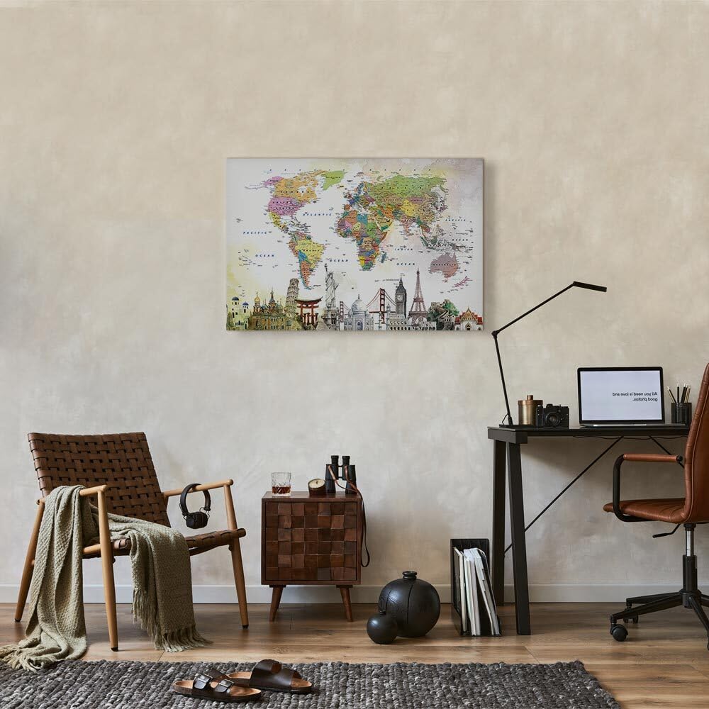 decomonkey Cuadro Lienzo Mapa del mundo D Abstracto 120x80 cm 1 pieza | Impresión sobre material tejido no tejido, decoración de cuadro de pared, gráfica fotográfica, para salón, Arquitectura