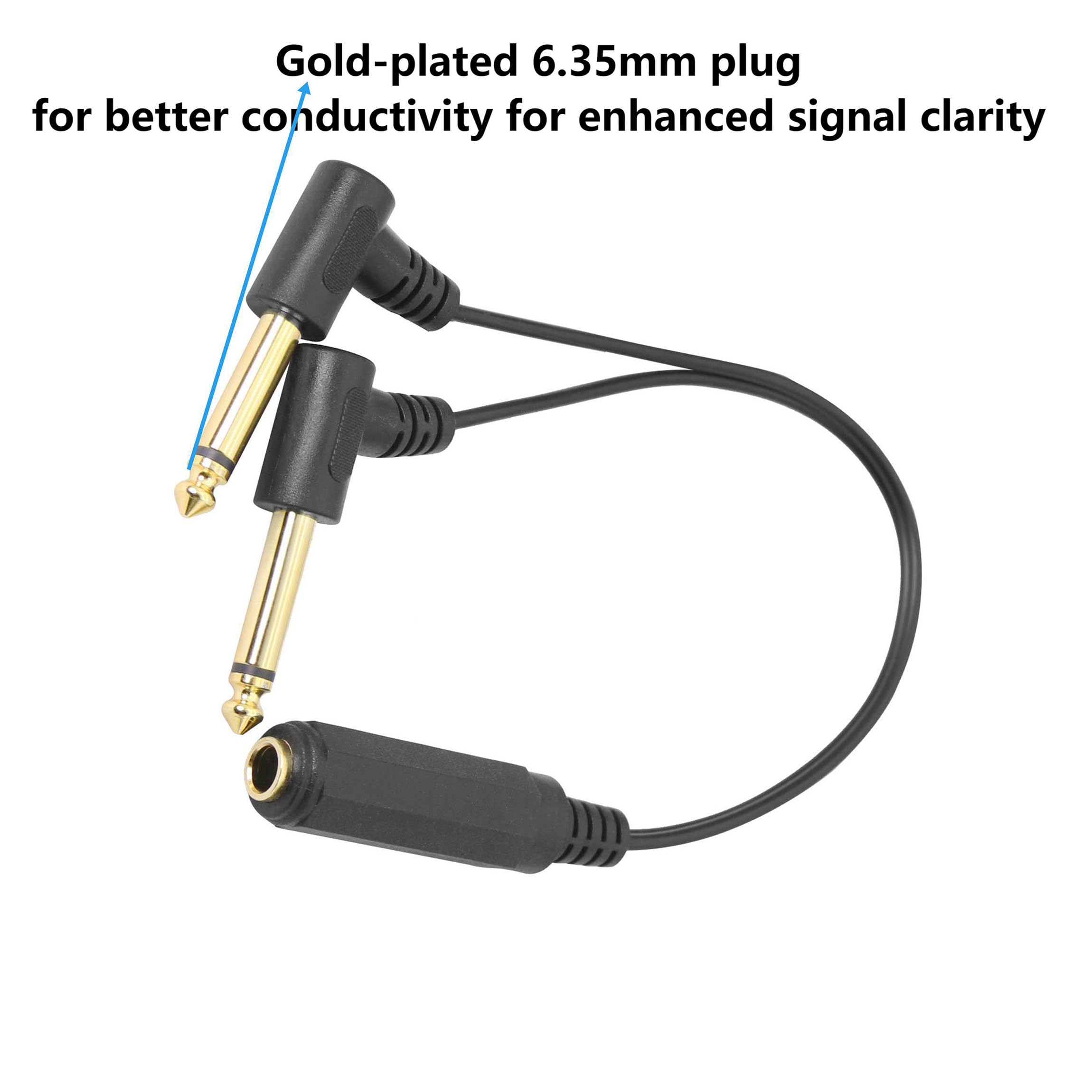 Adattatore stereo TRS femmina da 6,35 mm a doppio connettore TS mono maschio da 6,35 mm, splitter a 90 gradi, cavo splitter audio da femmina a 2 maschio, placcato oro, 25 cm