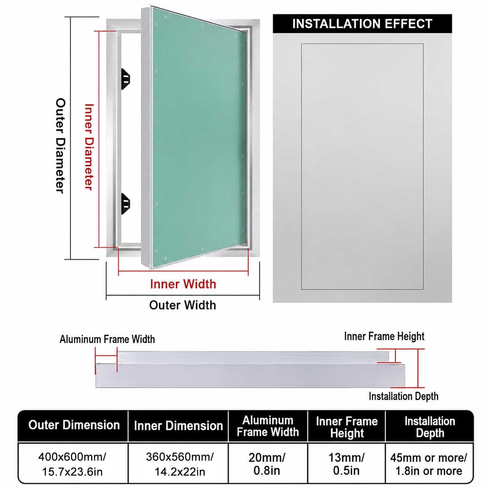 Trampilla Pladur, Pintable, Tapa Cuadro Electrico Rectangular Empotrada Oculta | Trampilla Acceso con Apertura de 120° para Paredes, Techos, Sistemas de Aire Acondicionado(400x600mm/15.7x23.6in)