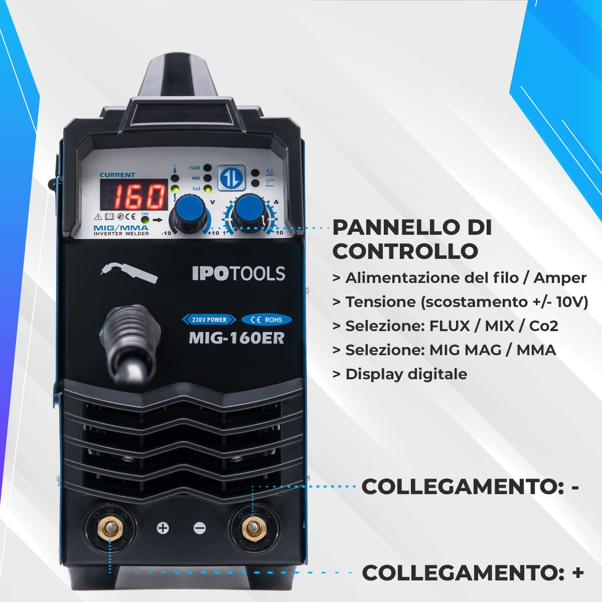 IPOTOOLS MIG-160ER Saldatrice MIG MAG - Saldatrice MIG con IGBT 160A 230V, Saldatrice a elettrodo MMA Flux 3 in 1, Saldatrice portatile, 7 anni di garanzia