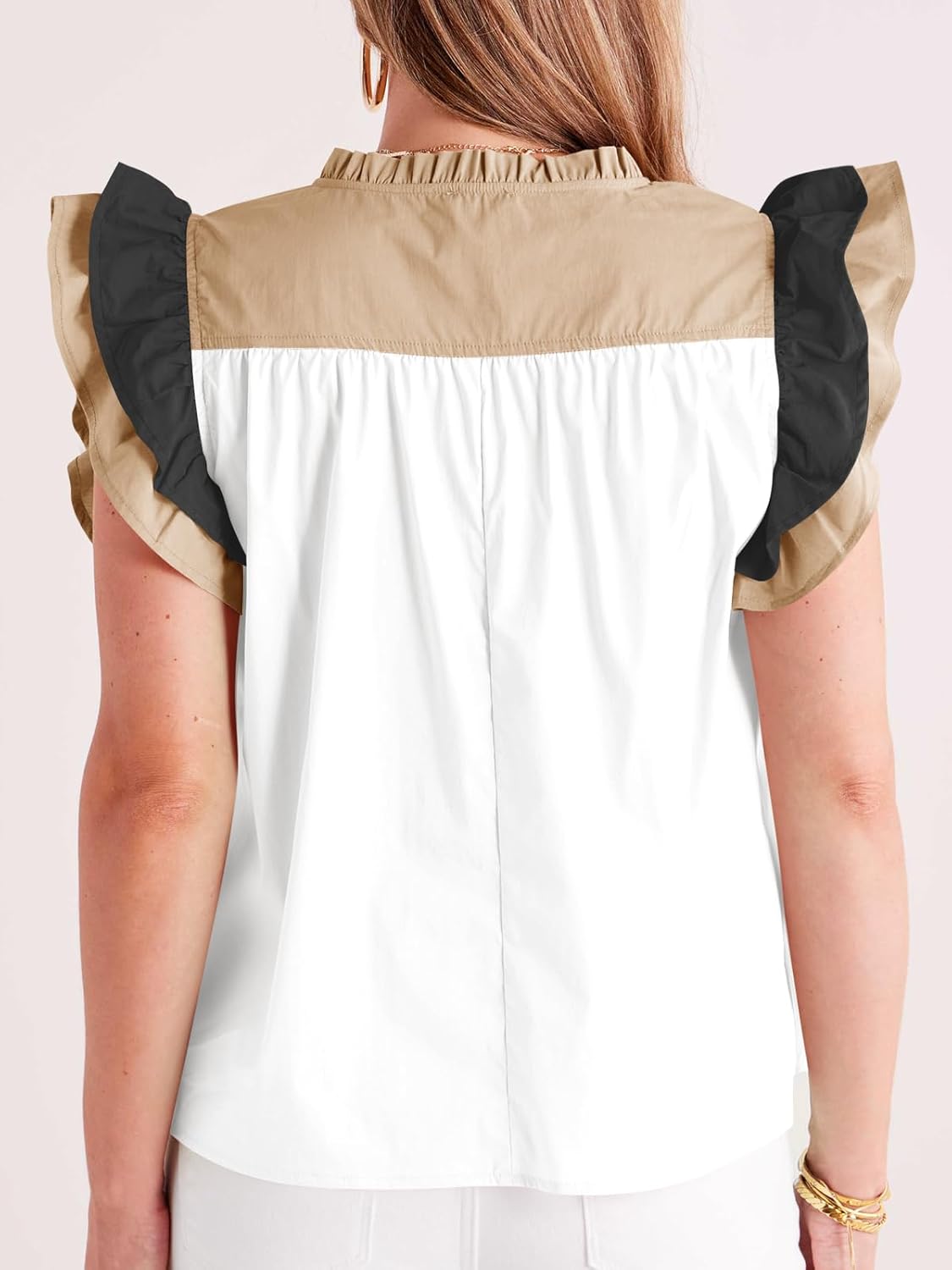 Tankaneo Womens Ruffle Color Block Tank Tops Summer Casual Dressy V Neck Pleated Blouse Loose Fit Sleeveless Shirts - Image 5