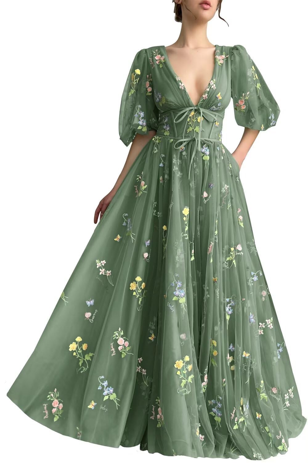 Yiann Women's Sage Green Flowers Embroidery Tulle Prom Dress Puffy Sleeves A Line Long Homecoming Dress For Juniors For Uk10