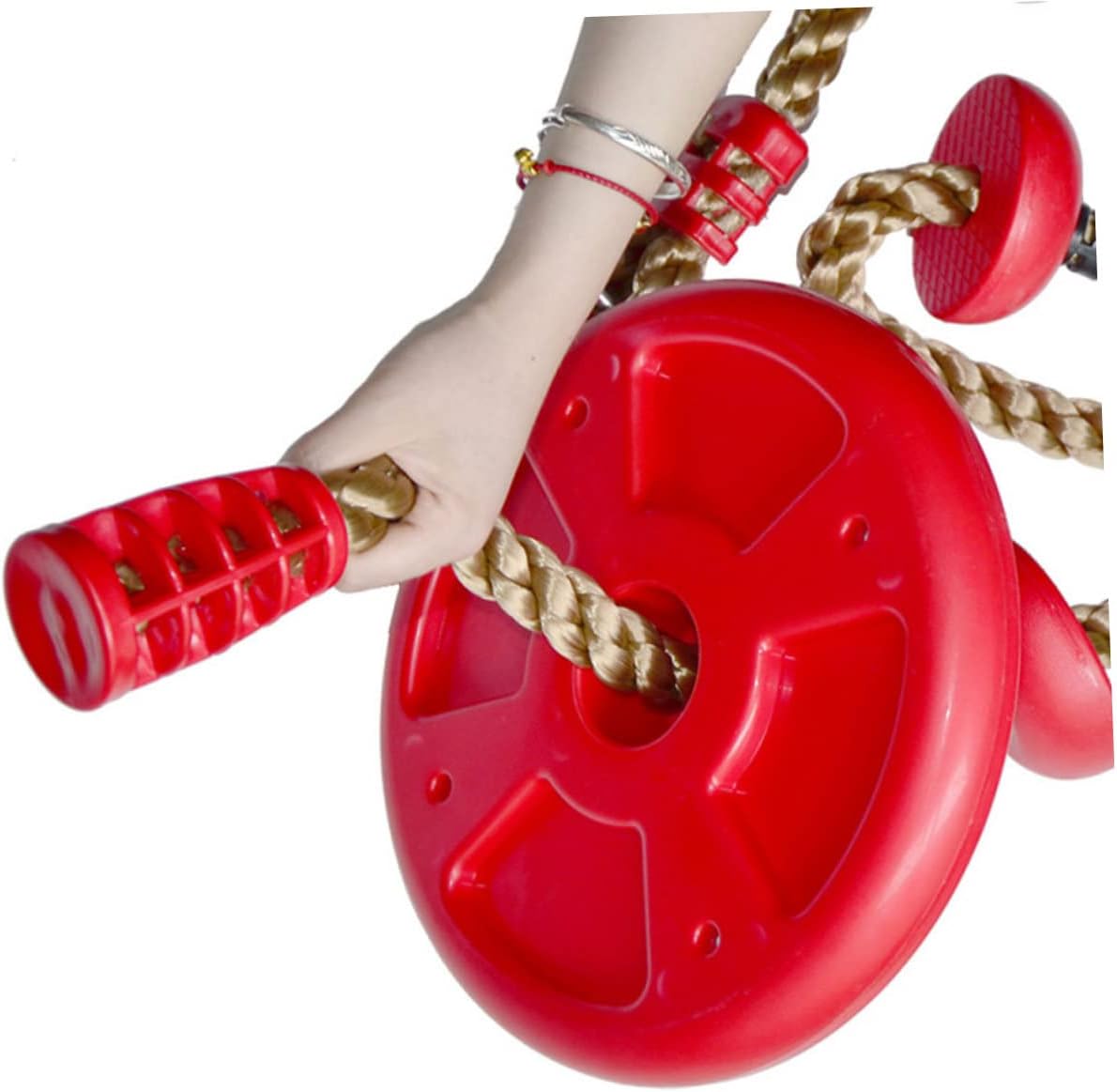 Swing Large Round Disc Swing for Boys Indoor Outdoor Recreation Strong Load-Bearing Metal Cord and Plastic Red Saucer for Backyard Play