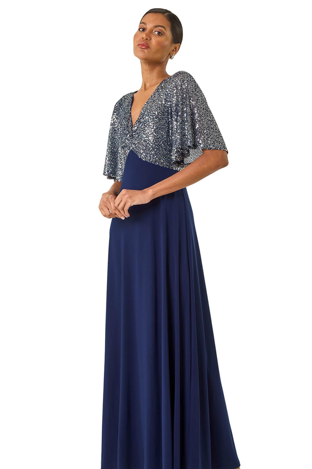 Roman Women's Navy Sequin Flutter Sleeve Midi Dress In Size 12
