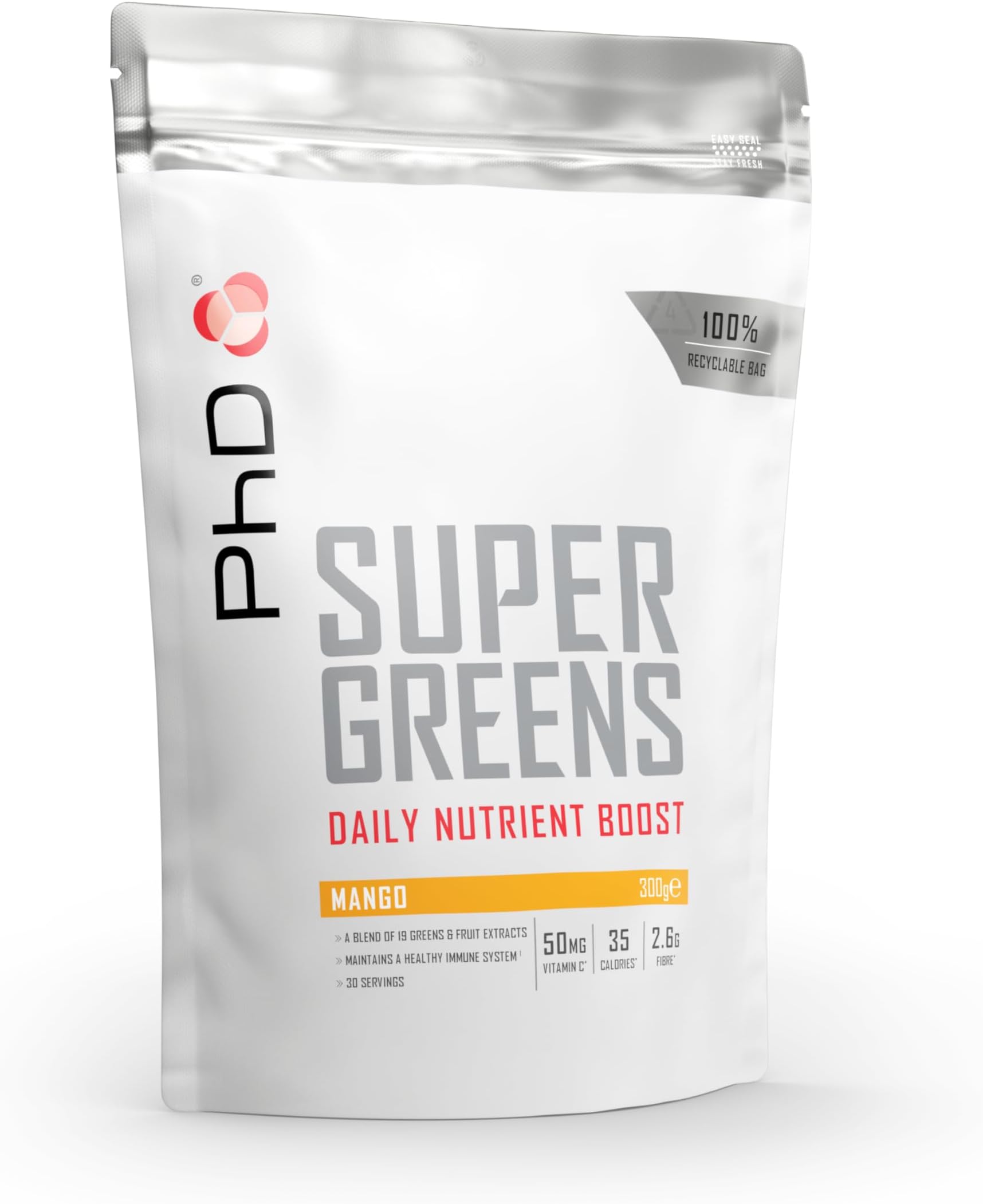 PhD Nutrition Super Greens Powder, Mango Flavour, High Fibre Low Sugar, Blend of 18 Nutrient Rich Fruits and Vegetables, 300 g